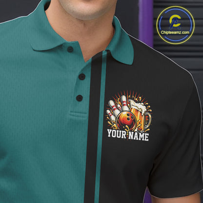 Black And Teal Custom Classic Retro Bowling Beer Men Polo, Bowling Tournament Shirt IPHW12793