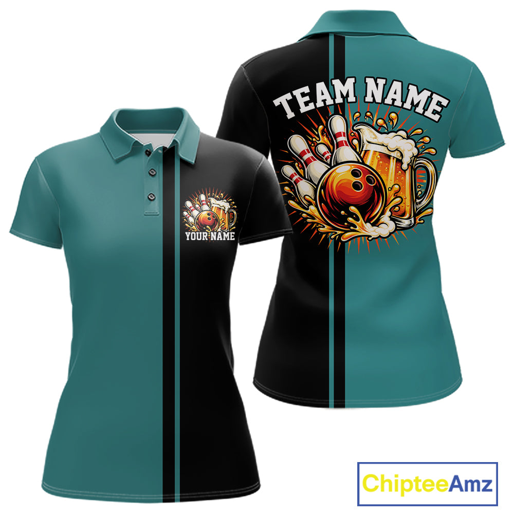 Black And Teal Custom Classic Retro Bowling Beer Women Polo, Bowling Tournament Shirt IPHW12793