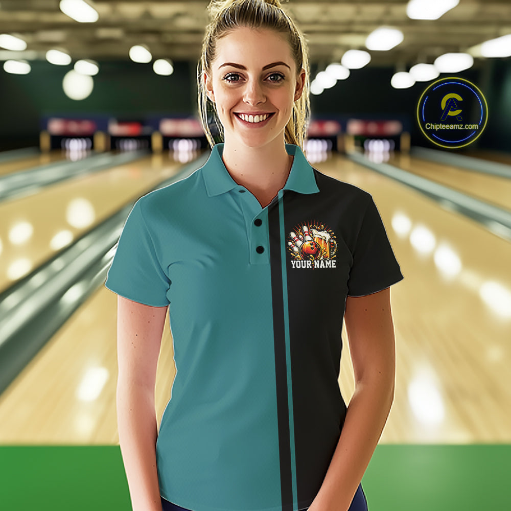 Black And Teal Custom Classic Retro Bowling Beer Women Polo, Bowling Tournament Shirt IPHW12793