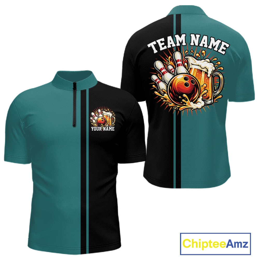 Black And Teal Custom Classic Retro Bowling Beer Men Quarter Zip, Bowling Tournament Shirt IPHW12793
