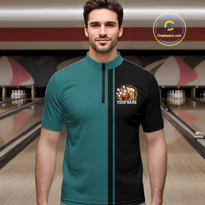 Black And Teal Custom Classic Retro Bowling Beer Men Quarter Zip, Bowling Tournament Shirt IPHW12793