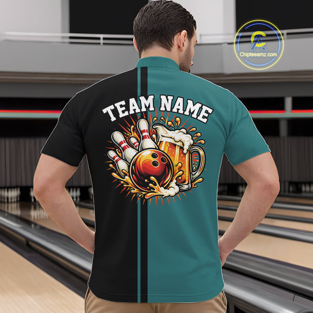 Black And Teal Custom Classic Retro Bowling Beer Men Quarter Zip, Bowling Tournament Shirt IPHW12793