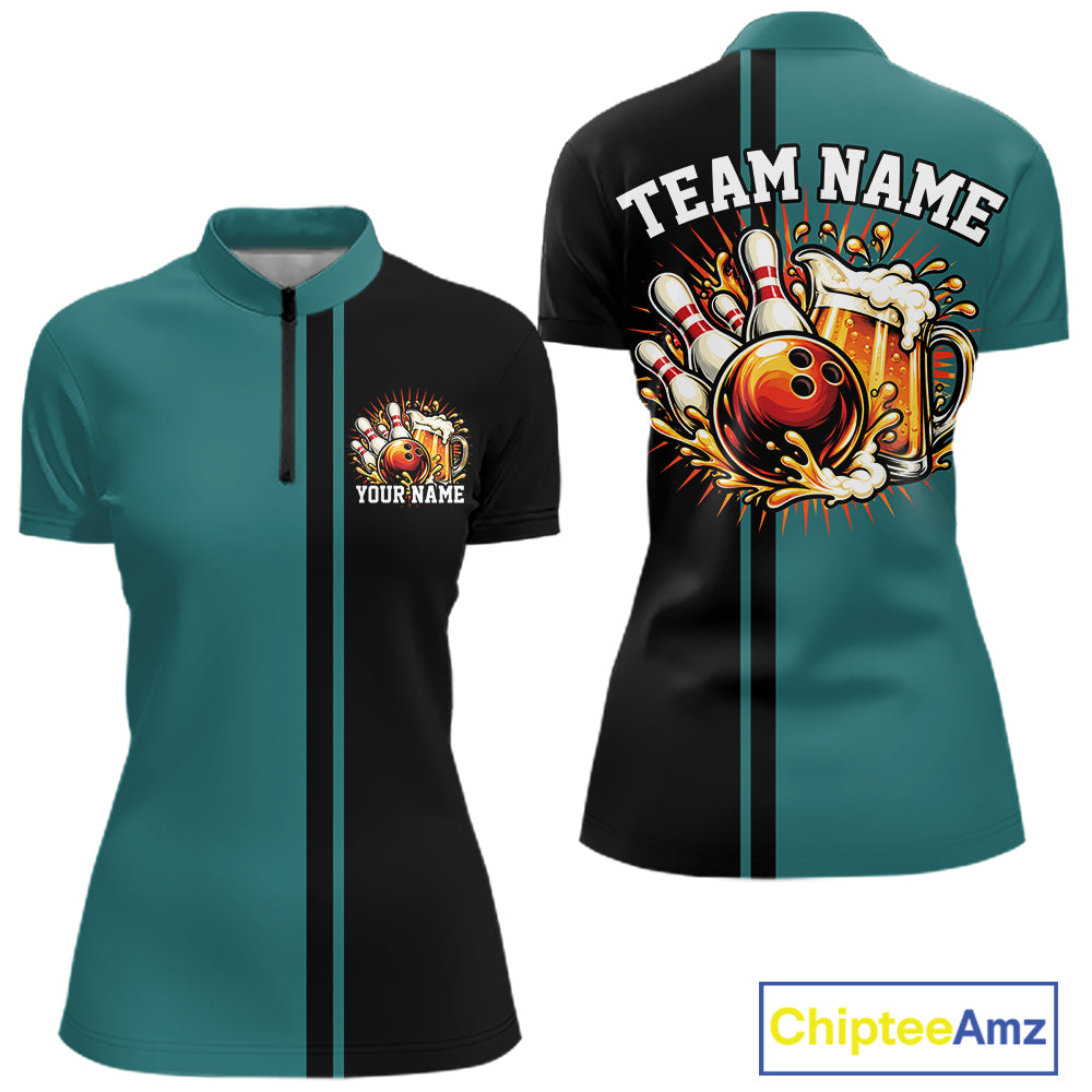 Black Teal Custom Classic Retro Bowling Beer Women Quarter-Zip, Bowling Tournament Shirt IPHW12793