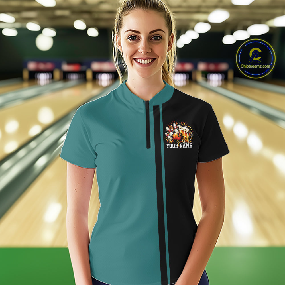 Black Teal Custom Classic Retro Bowling Beer Women Quarter-Zip, Bowling Tournament Shirt IPHW12793