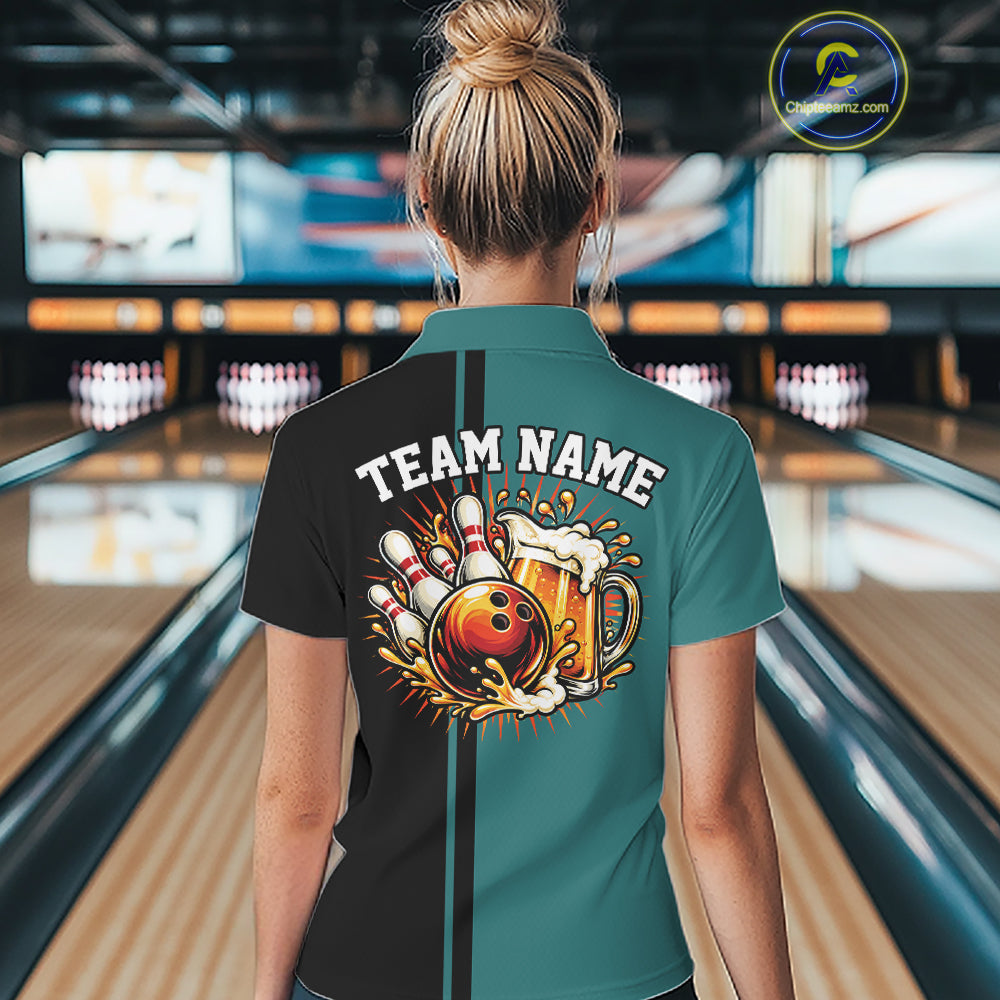 Black Teal Custom Classic Retro Bowling Beer Women Quarter-Zip, Bowling Tournament Shirt IPHW12793
