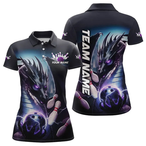 Blue And Purple Lightning Custom Dragon Bowling Polo Shirts For Women, Bowling Team Uniform IPHW8257
