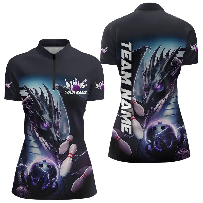 Blue And Purple Lightning Custom Dragon Bowling Quarter-Zip Shirts For Women, Team Uniform IPHW8257