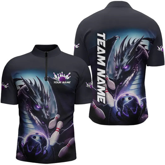 Blue And Purple Lightning Custom Dragon Bowling Quarter-Zip Shirts For Men, Bowling Team Uniform IPHW8257