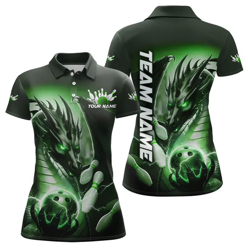 Green Lightning Custom Dragon Bowling Polo Shirts For Women, Bowling Tournament Team Uniform IPHW8259