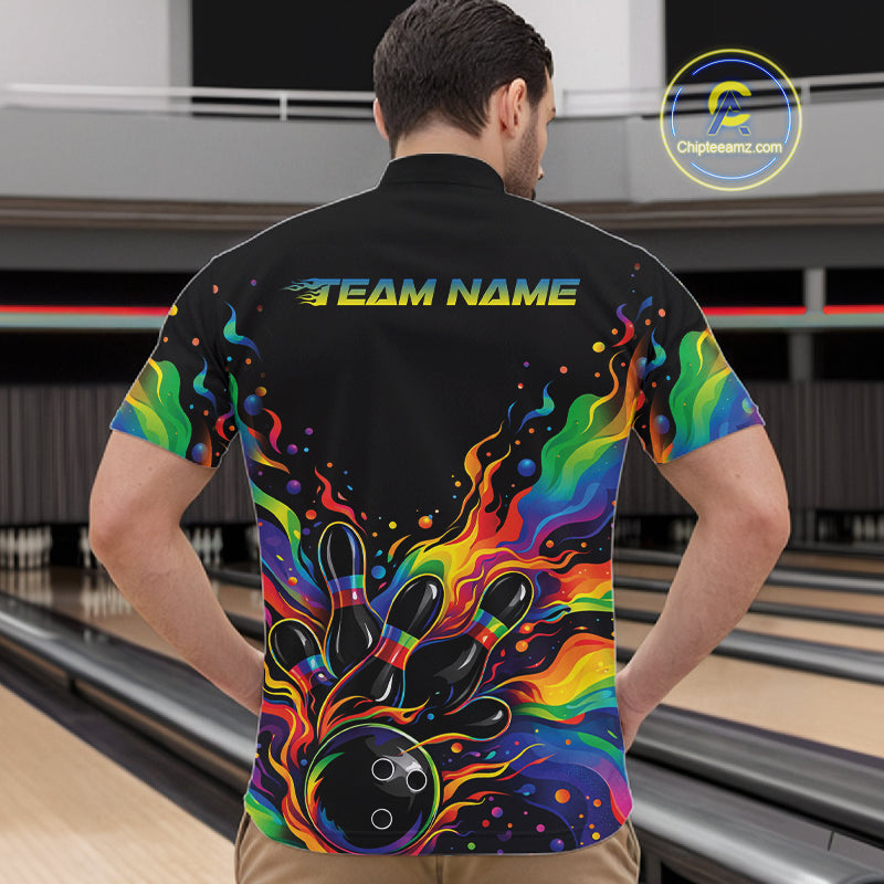 Custom Colorful Rainbow Colors Flame Bowling Men Quarter-Zip Shirt, Bowling Tournament Shirt IPHW10307
