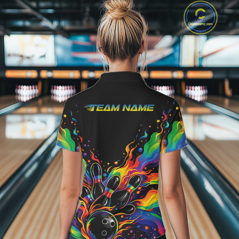 Custom Colorful Rainbow Colors Flame Bowling Women Shirt, Bowling Tournament Shirt IPHW10307