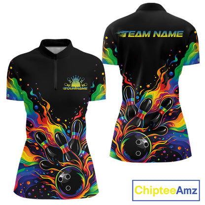 Custom Colorful Rainbow Colors Flame Bowling Women Shirt, Bowling Tournament Shirt IPHW10307
