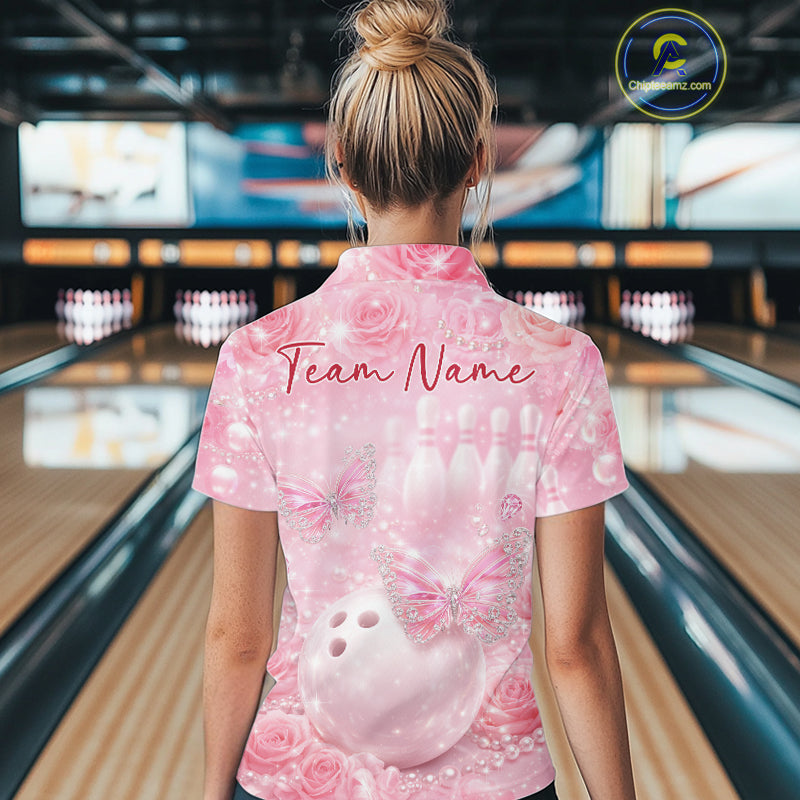 Custom Elegant Roses And Butterfly Women Bowling Polo Shirts, Ladies Bowling Shirt IPHW10312