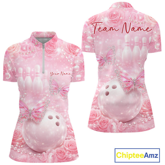 Custom Elegant Roses And Butterfly Women Bowling Quarter-Zip Shirt, Ladies Bowling Shirt IPHW10312