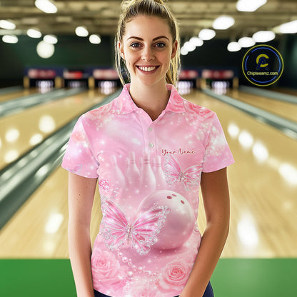 Custom Elegant Roses And Butterfly Women Bowling Polo Shirts, Ladies Bowling Shirt IPHW10313