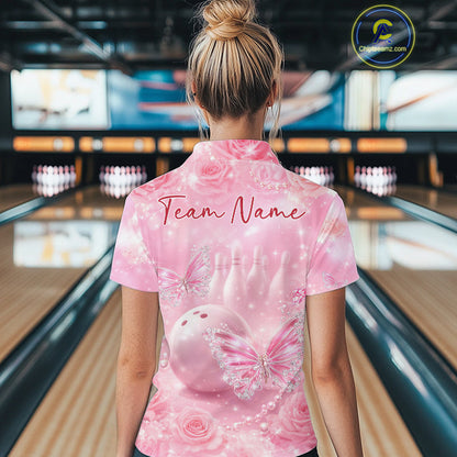 Custom Elegant Roses And Butterfly Women Bowling Quarter-Zip Shirt, Ladies Bowling Shirt IPHW10313