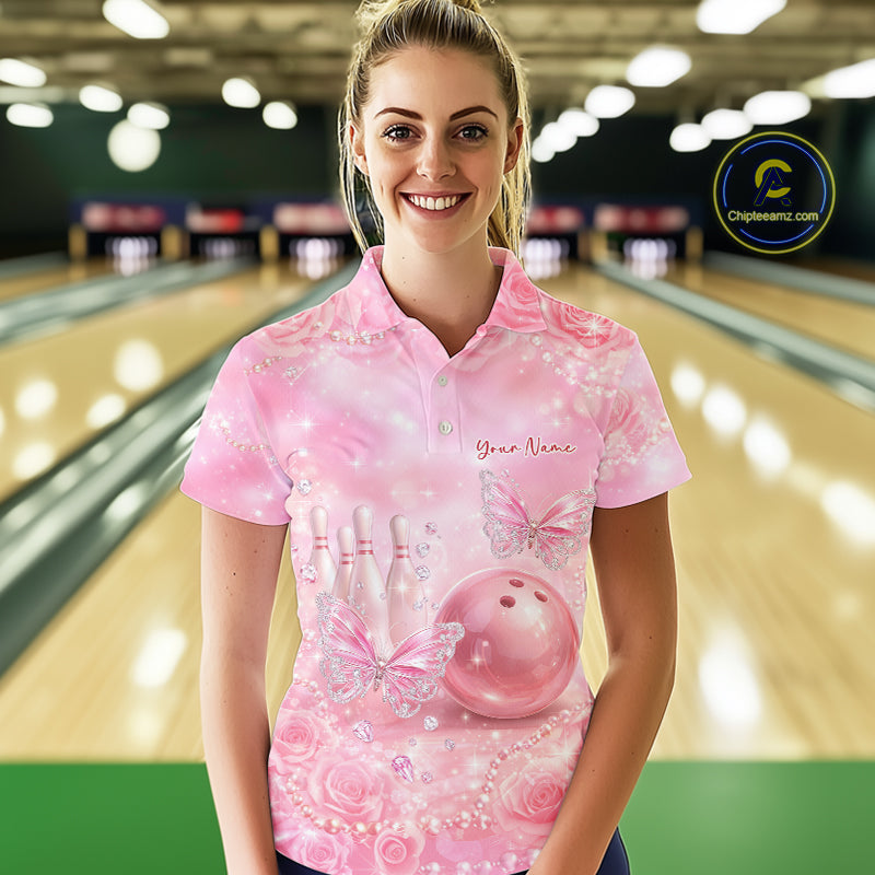 Custom Elegant Roses And Butterfly Women Bowling Polo Shirts, Ladies Bowling Shirt IPHW10314