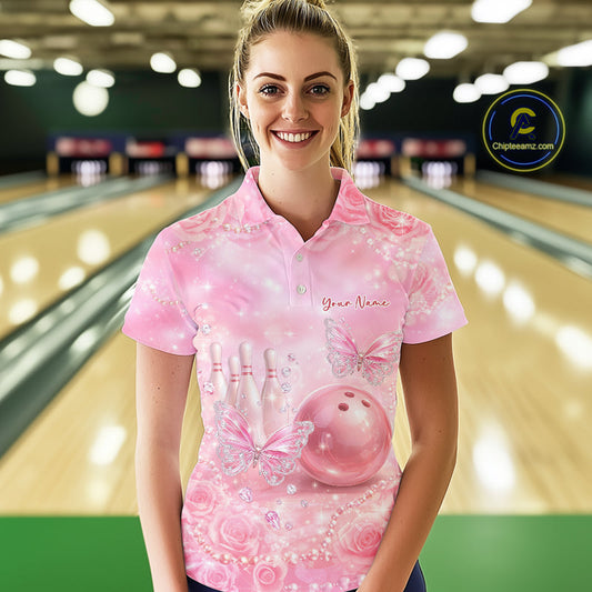 Custom Elegant Roses And Butterfly Women Bowling Polo Shirts, Ladies Bowling Shirt IPHW10314