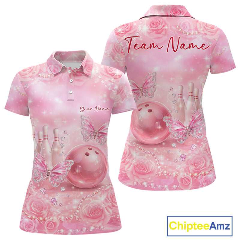 Custom Elegant Roses And Butterfly Women Bowling Polo Shirts, Ladies Bowling Shirt IPHW10314