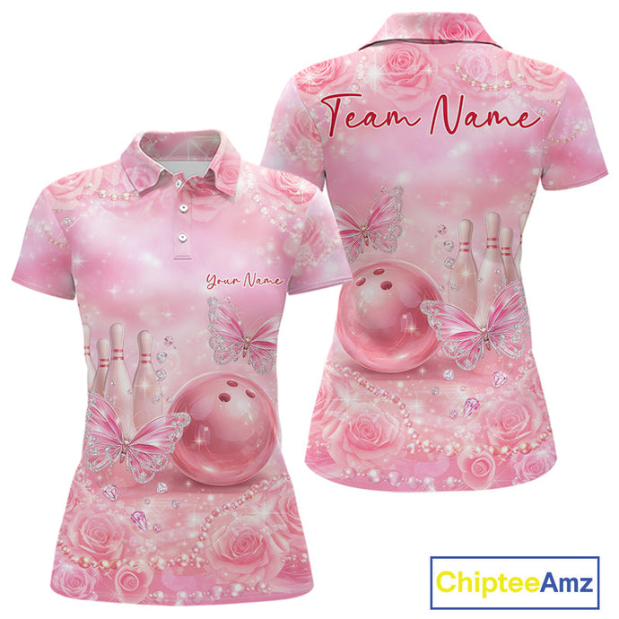 Custom Elegant Roses And Butterfly Women Bowling Polo Shirts, Ladies Bowling Shirt IPHW10314