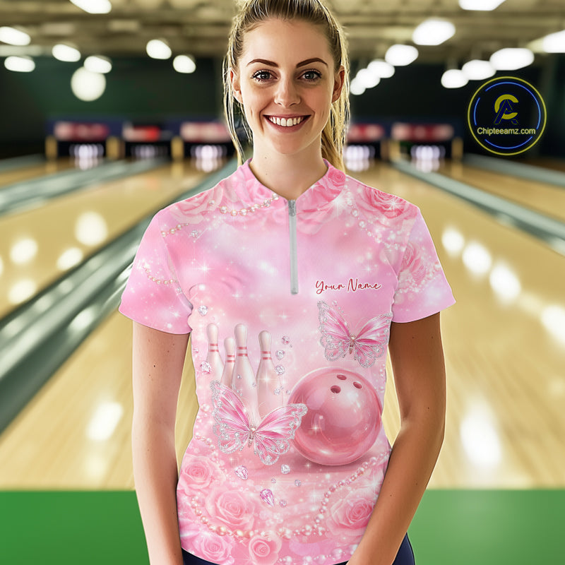 Custom Elegant Roses And Butterfly Women Bowling Quarter-Zip Shirt, Ladies Bowling Shirt IPHW10314