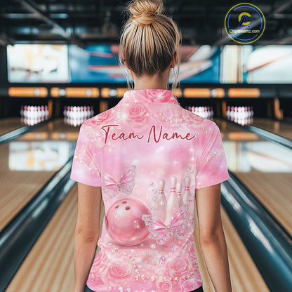 Custom Elegant Roses And Butterfly Women Bowling Quarter-Zip Shirt, Ladies Bowling Shirt IPHW10314