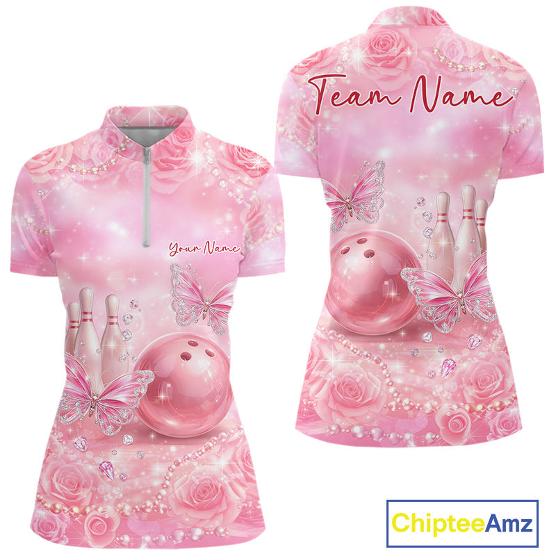 Custom Elegant Roses And Butterfly Women Bowling Quarter-Zip Shirt, Ladies Bowling Shirt IPHW10314