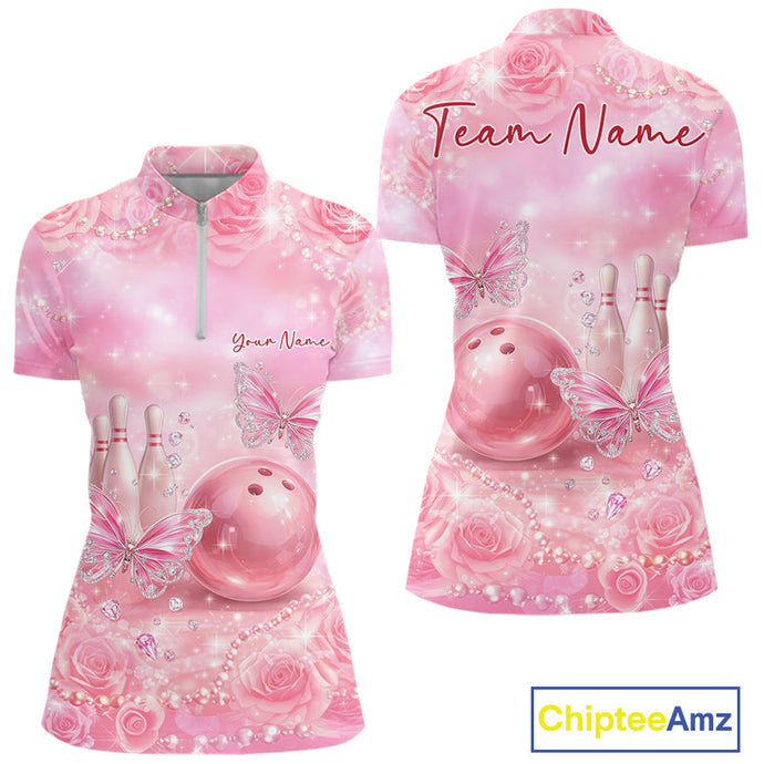 Custom Elegant Roses And Butterfly Women Bowling Quarter-Zip Shirt, Ladies Bowling Shirt IPHW10314