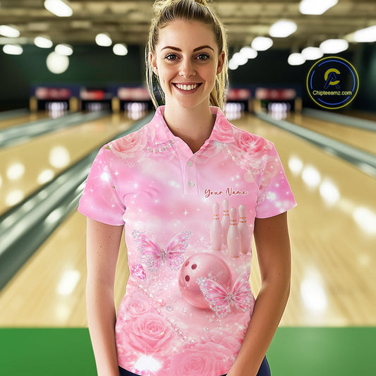 Custom Elegant Roses And Butterfly Women Bowling Polo Shirts, Ladies Bowling Shirt IPHW10315