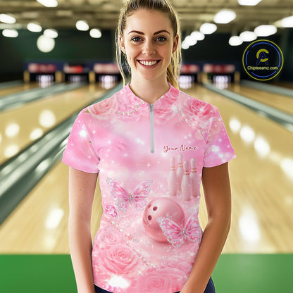 Custom Elegant Roses And Butterfly Women Bowling Quarter-Zip Shirt, Ladies Bowling Shirt IPHW10315