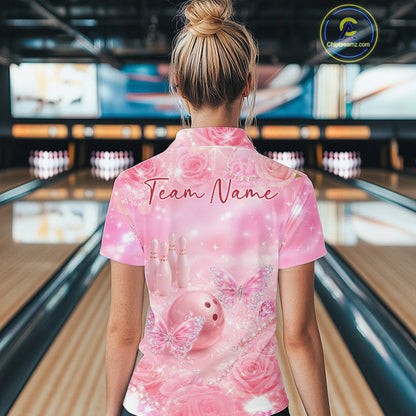Custom Elegant Roses And Butterfly Women Bowling Quarter-Zip Shirt, Ladies Bowling Shirt IPHW10315