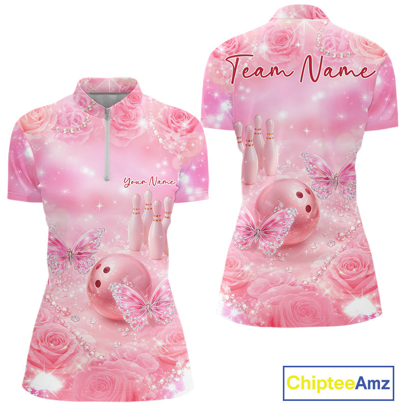 Custom Elegant Roses And Butterfly Women Bowling Quarter-Zip Shirt, Ladies Bowling Shirt IPHW10315