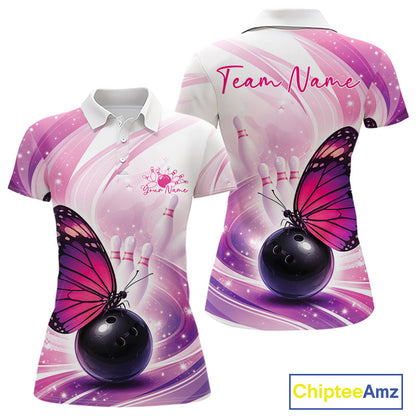 Custom Pink And Purple Butterfly Bowling Team Women Polo Shirt, Ladies Bowling Shirt IPHW10311