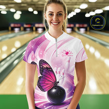 Load image into Gallery viewer, Custom Pink And Purple Butterfly Bowling Women Quarter-Zip Shirt, Ladies Bowling Shirt IPHW10311
