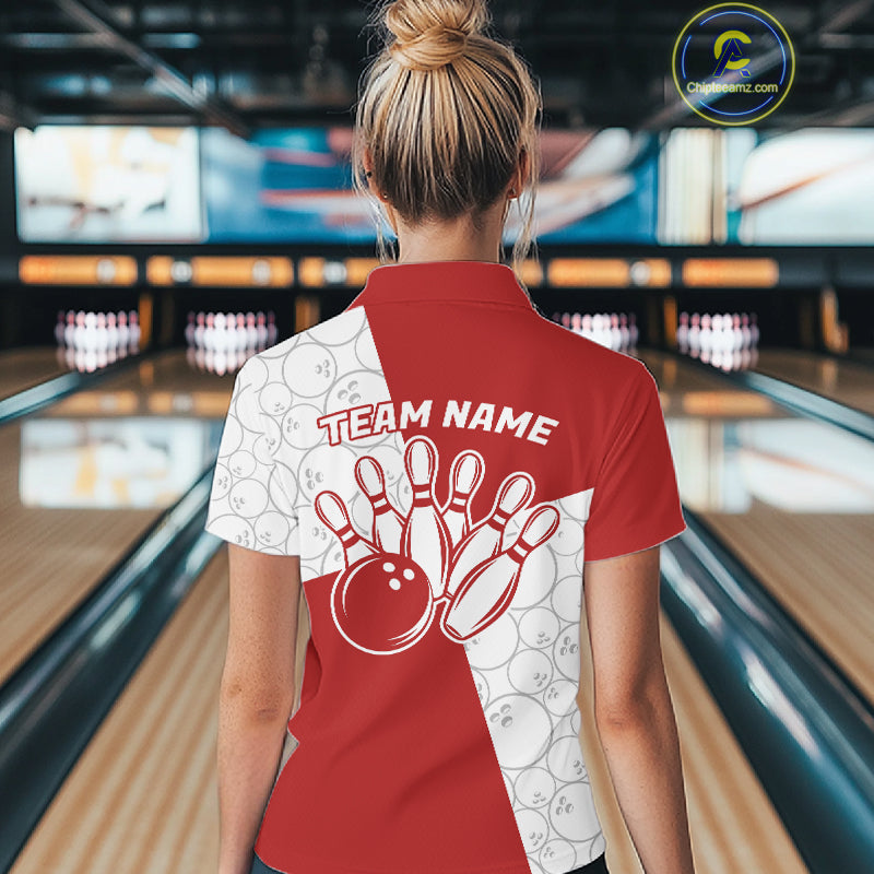 Custom White And Red Retro Style Bowling Team Shirts For Women, Bowling Jerseys IPHW10602