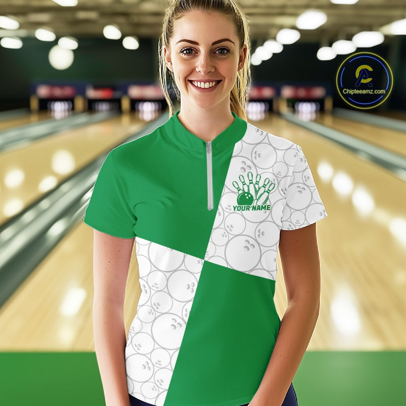 Custom White And Green Retro Style Bowling Team Shirts For Women, Bowling Jerseys IPHW10604