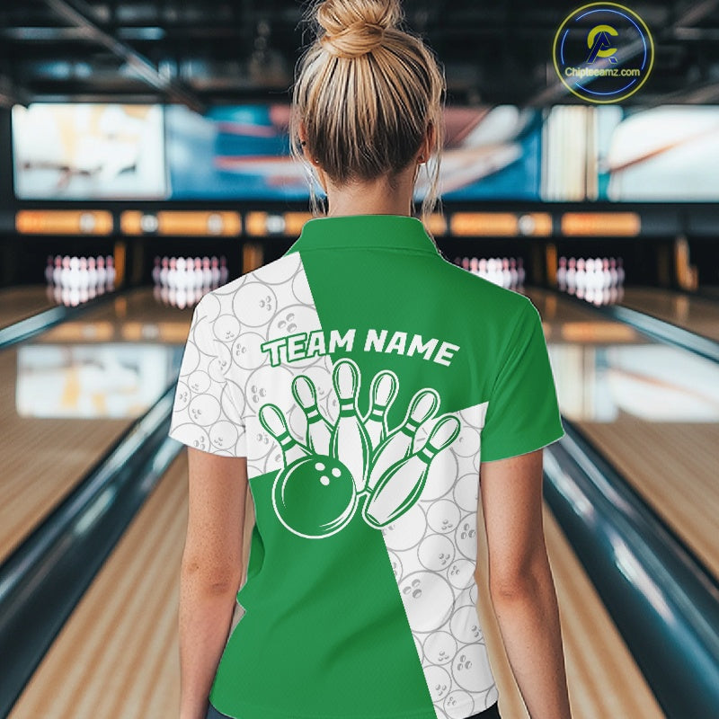 Custom White And Green Retro Style Bowling Team Shirts For Women, Bowling Jerseys IPHW10604