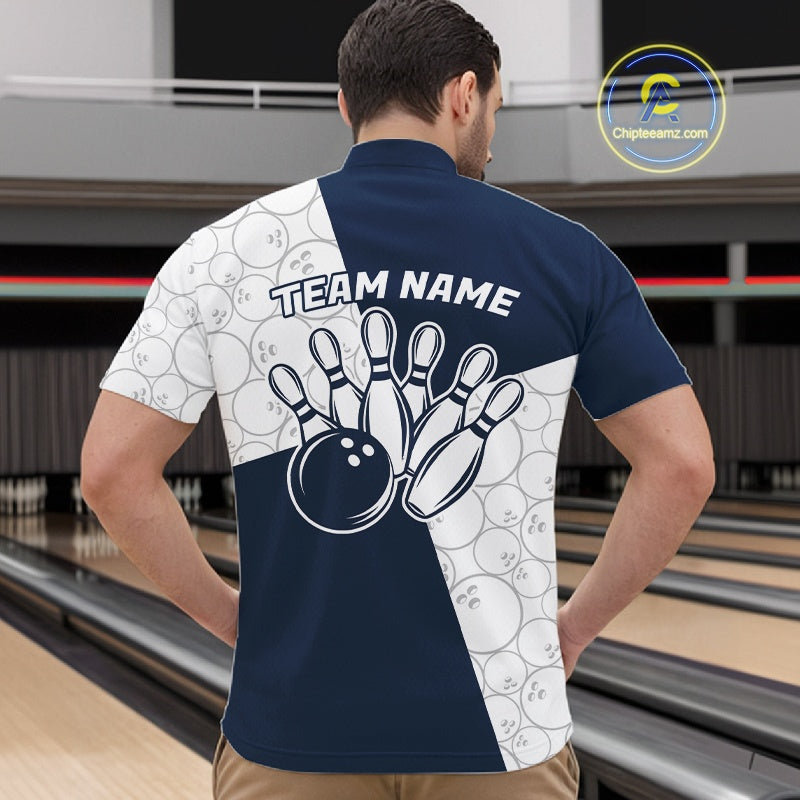 Custom White And Blue Retro Style Bowling Team Shirts For Men And Women, Bowling Jerseys IPHW10605