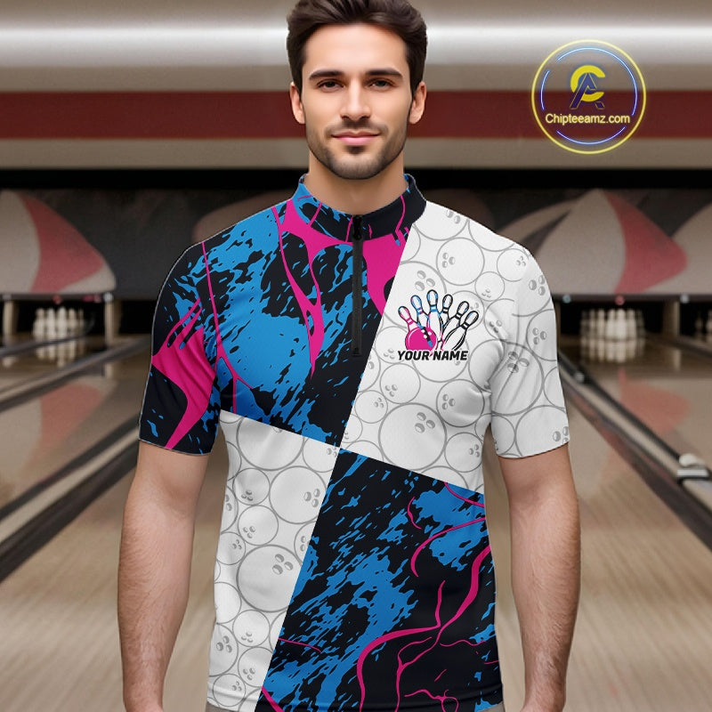 Custom Blue And Pink Camo Bowling Team Shirts For Men And Women, Camouflage Bowler Outfit IPHW10606