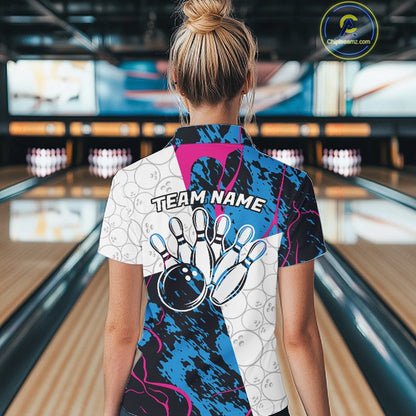 Custom Blue And Pink Camo Bowling Team Shirts For Women, Camouflage Bowler Outfit IPHW10606