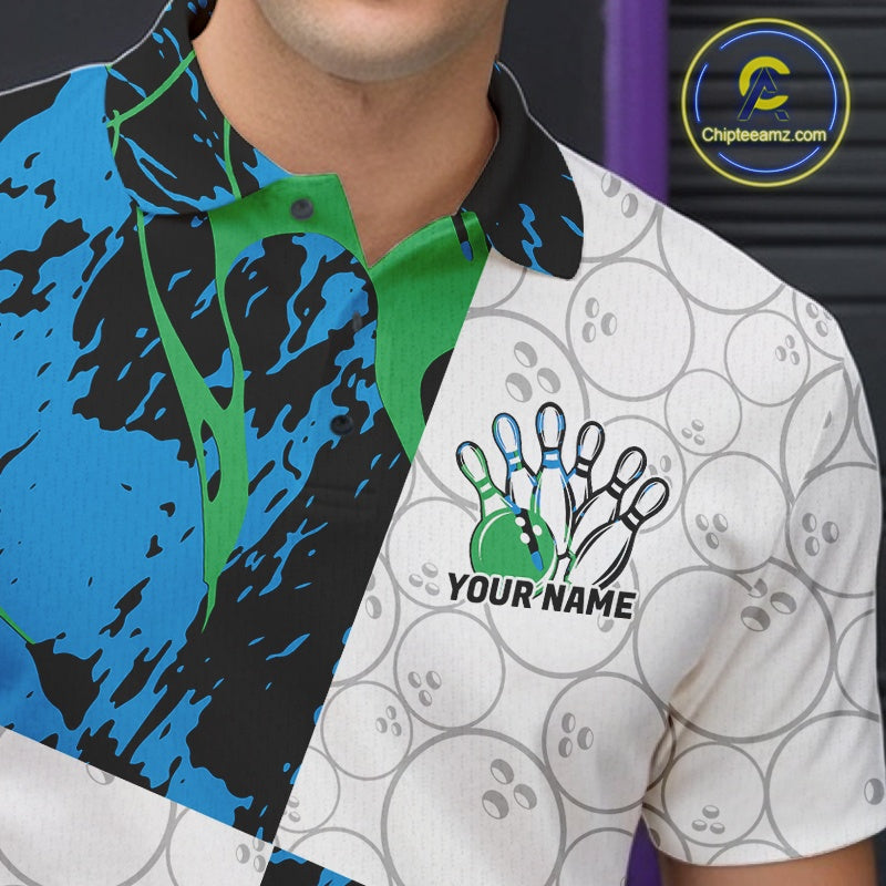 Custom Blue And Green Camo Bowling Team Shirts For Men And Women, Camouflage Bowler Outfit IPHW10607