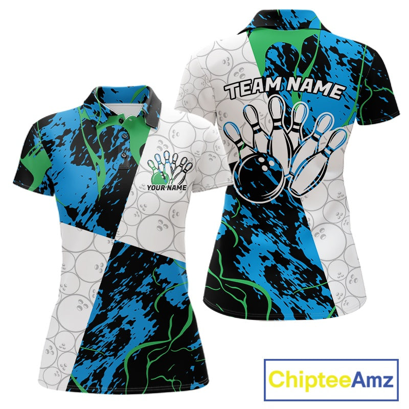 Custom Blue And Green Camo Bowling Team Shirts For Women, Camouflage Bowler Outfit IPHW10607