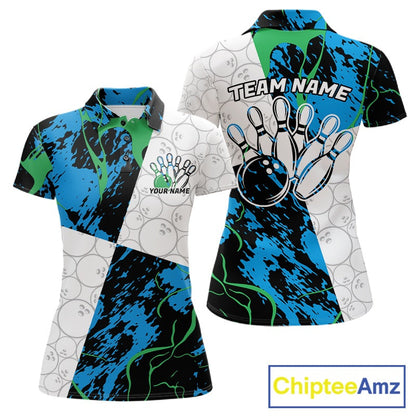 Custom Blue And Green Camo Bowling Team Shirts For Women, Camouflage Bowler Outfit IPHW10607