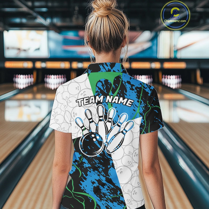 Custom Blue And Green Camo Bowling Team Shirts For Women, Camouflage Bowler Outfit IPHW10607