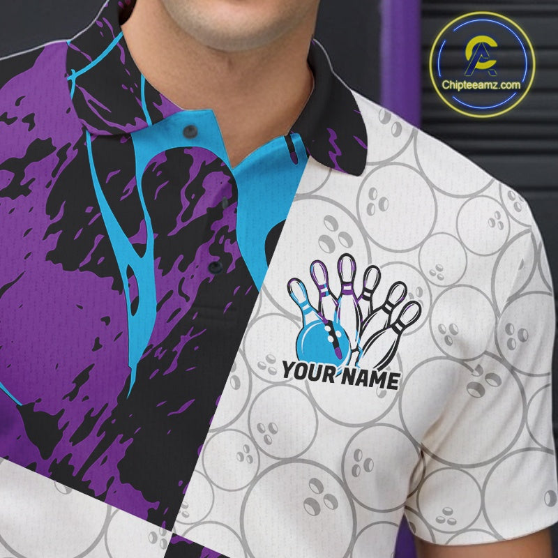 Custom Blue And Purple Camo Bowling Team Shirt For Men And Women, Camouflage Bowler Outfit IPHW10608