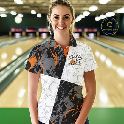 Custom Blue And Orange Camo Bowling Team Shirt For Women, Camouflage Bowler Outfit IPHW10609