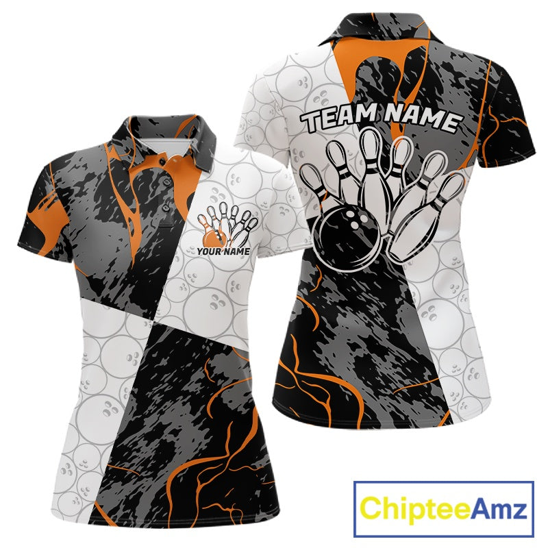 Custom Blue And Orange Camo Bowling Team Shirt For Women, Camouflage Bowler Outfit IPHW10609