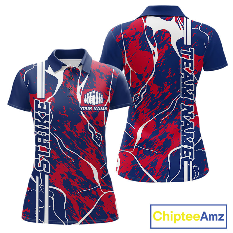 Custom Red,White And Blue Camo Strike Bowling Shirts, Patriotic Women Bowling Team Jerseys IPHW10610