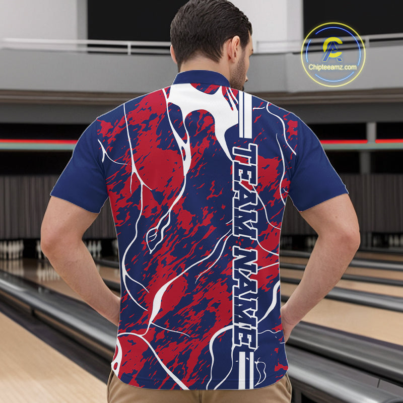 Custom Red,White And Blue Camo Strike Bowling Shirts, Patriotic Men Bowling Team Jerseys IPHW10610