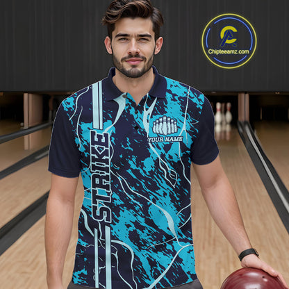 Custom Navy And Cyan Blue Camo Strike Bowling Shirt Men Bowling Team Jersey Bowling League IPHW10612